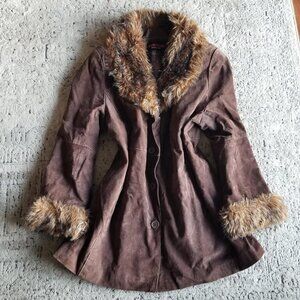 Y2K brown suede faux fur trim coat